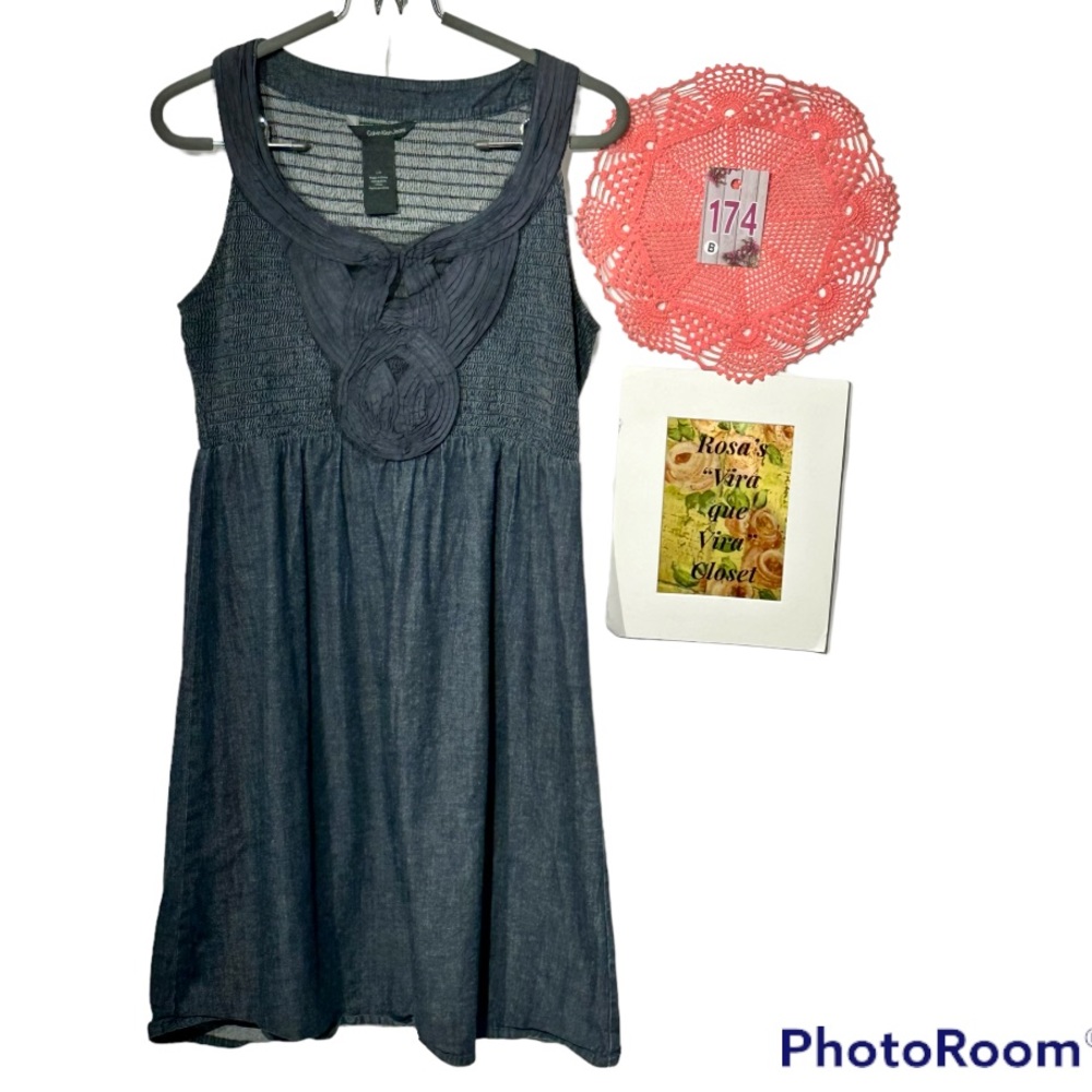Calvin Klein Tank Denim Dress Dark Wash Elastic Bodice Large - Picture 2 of 16
